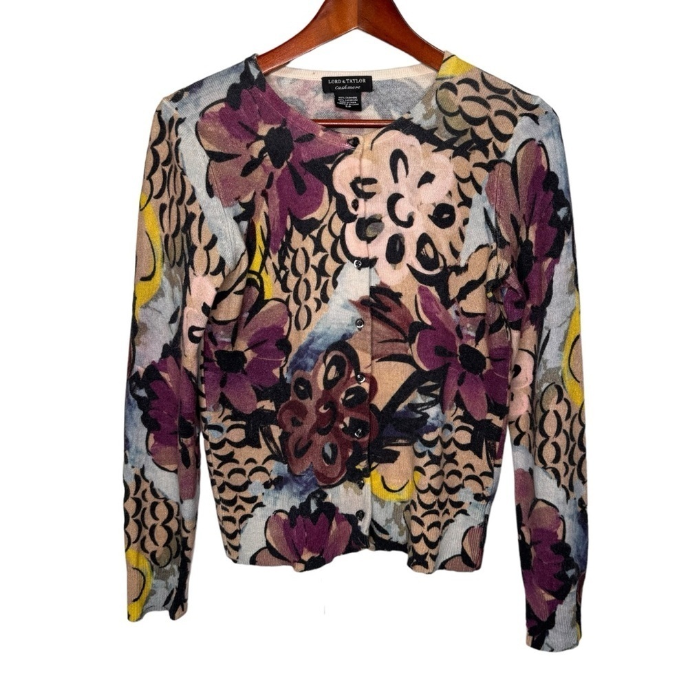 Lord & Taylor 100% Cashmere Floral Button Down Cardigan Sweater Size Small